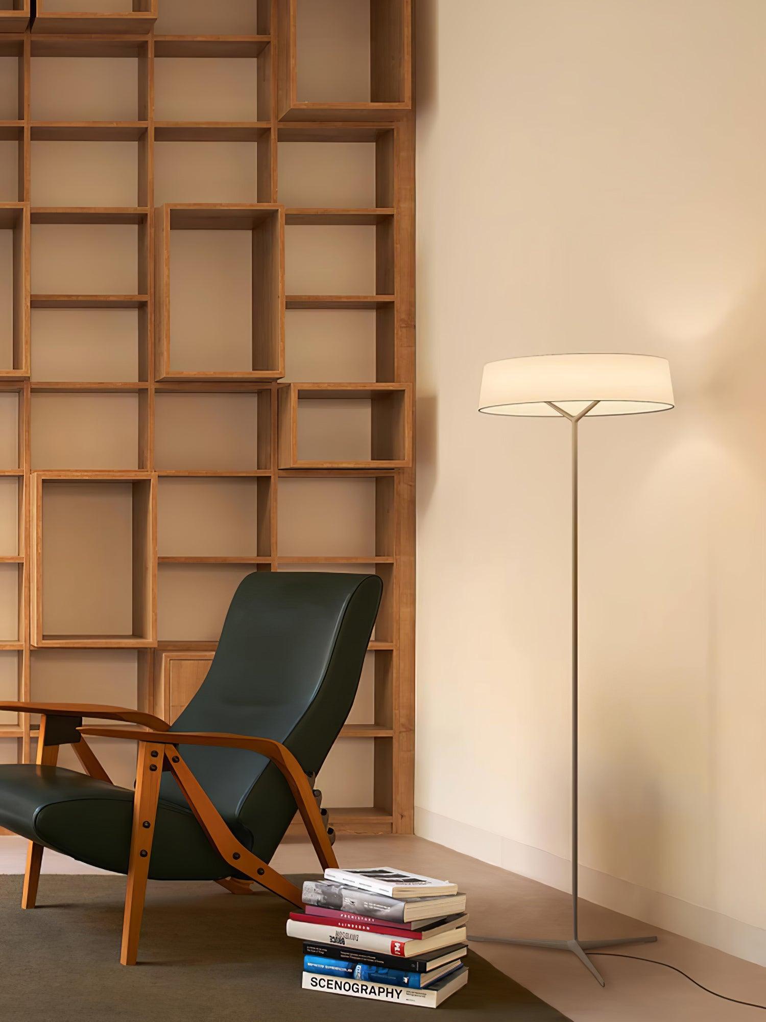 Floor lamp beside a green chair and wall shelving
