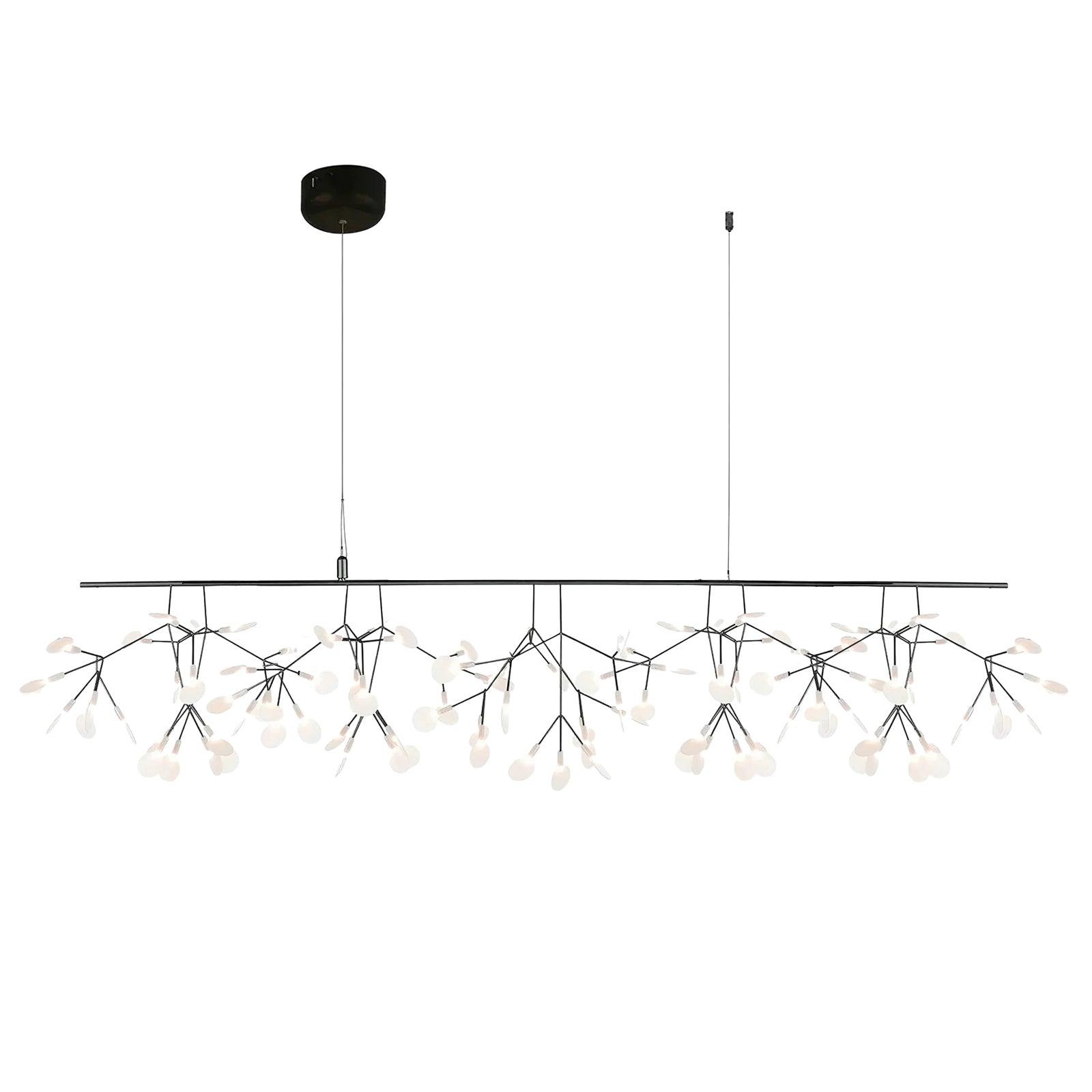 Model A 150 cm Black Firefly chandelier on white, with long branching bar, left canopy and separate right anchor