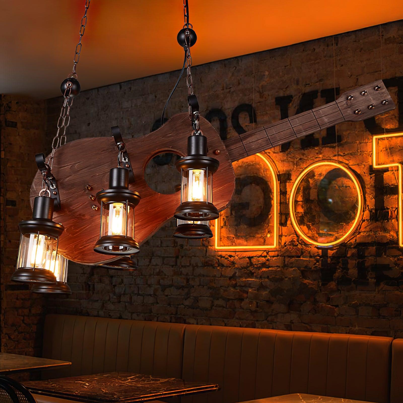 Guitar pendant in a warm-lit bar