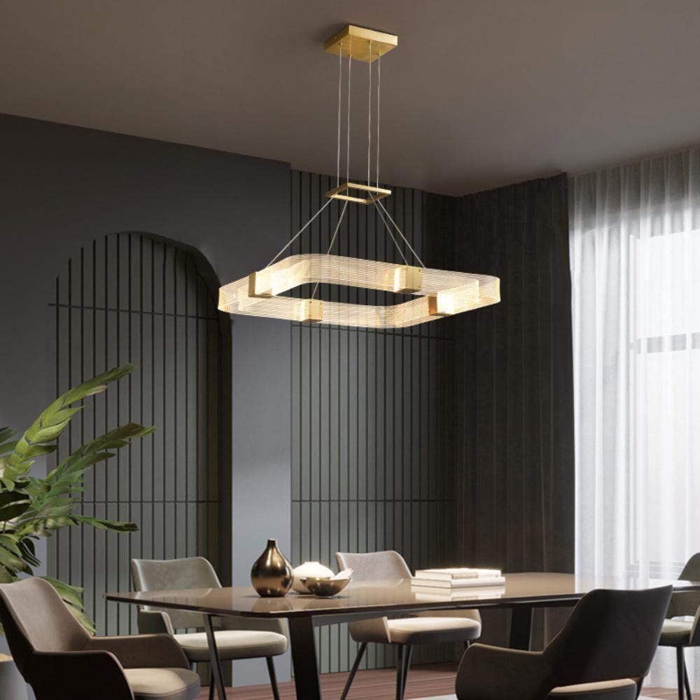 Parallel LED chandelier with textured acrylic bands and gold-tone connectors