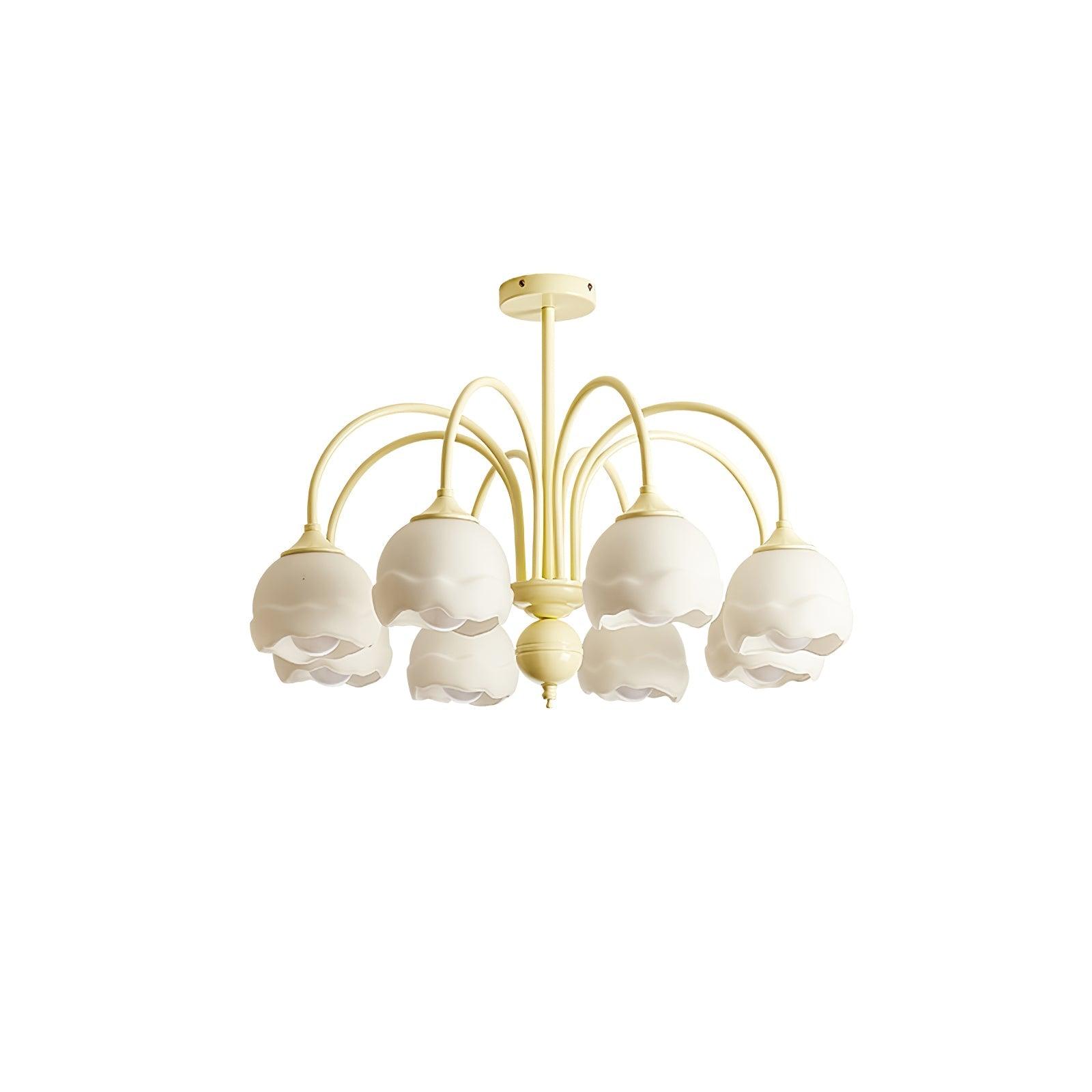 Eight-light cream chandelier with a broad curved-arm arrangement and white scalloped glass shades
