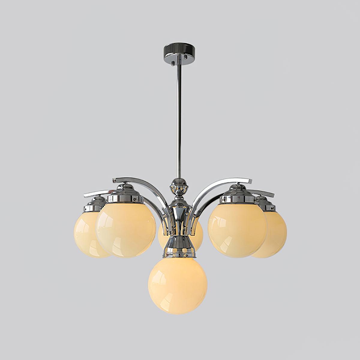 6-light B in Chrome+Beige, with glossy globes below curved chrome arms and one central lower globe
