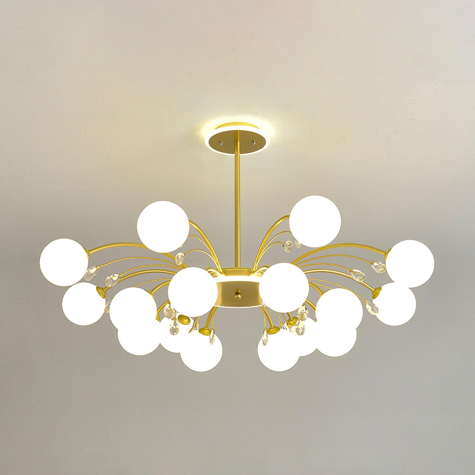 Sixteen-light Gold version with dense white globes around a circular hub, clear drops and rod, listed at 100 cm diameter