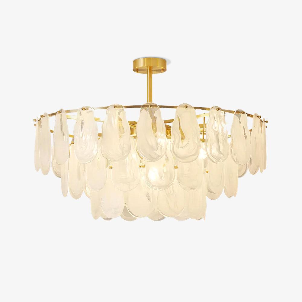 Round Cloud pendant with overlapping irregular glass panels and a gold-tone rim against white