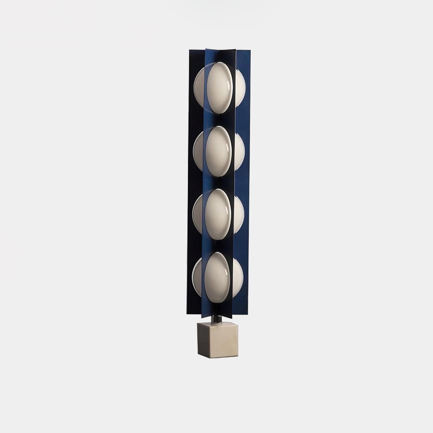 Isolated unlit Cascade Tower with four white shade levels, blue vertical fins and a white block base