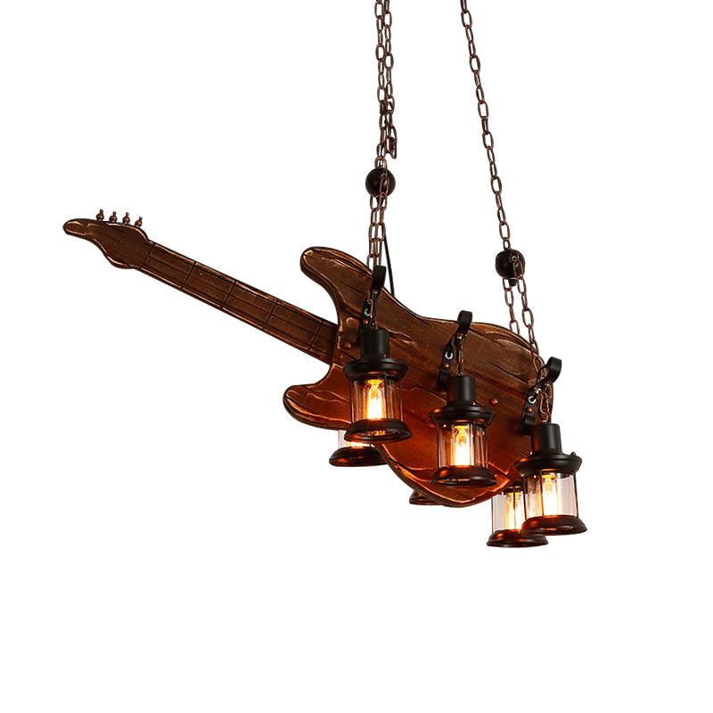 95 cm electric-guitar-shaped wooden pendant with four black lanterns and hanging chains