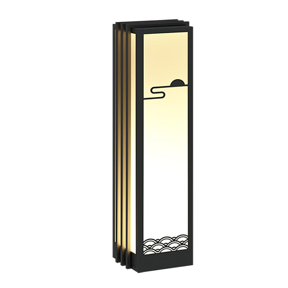 Model A wired lantern in slim 20 x 18 x 70 cm size, with plain top, black side fins and sun-and-wave front