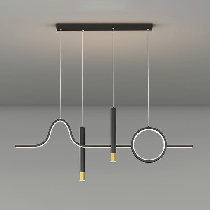 Black geometric pendant on gray with pale strip along arch and ring, four fine wires and two gold-tipped tubes