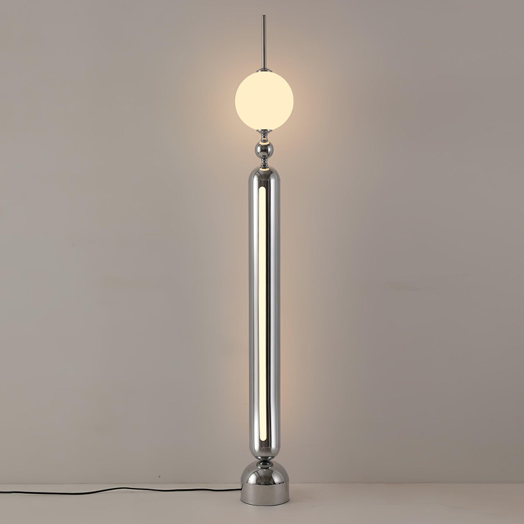 Lightning Rod chrome floor lamp with a white globe and vertical light strip