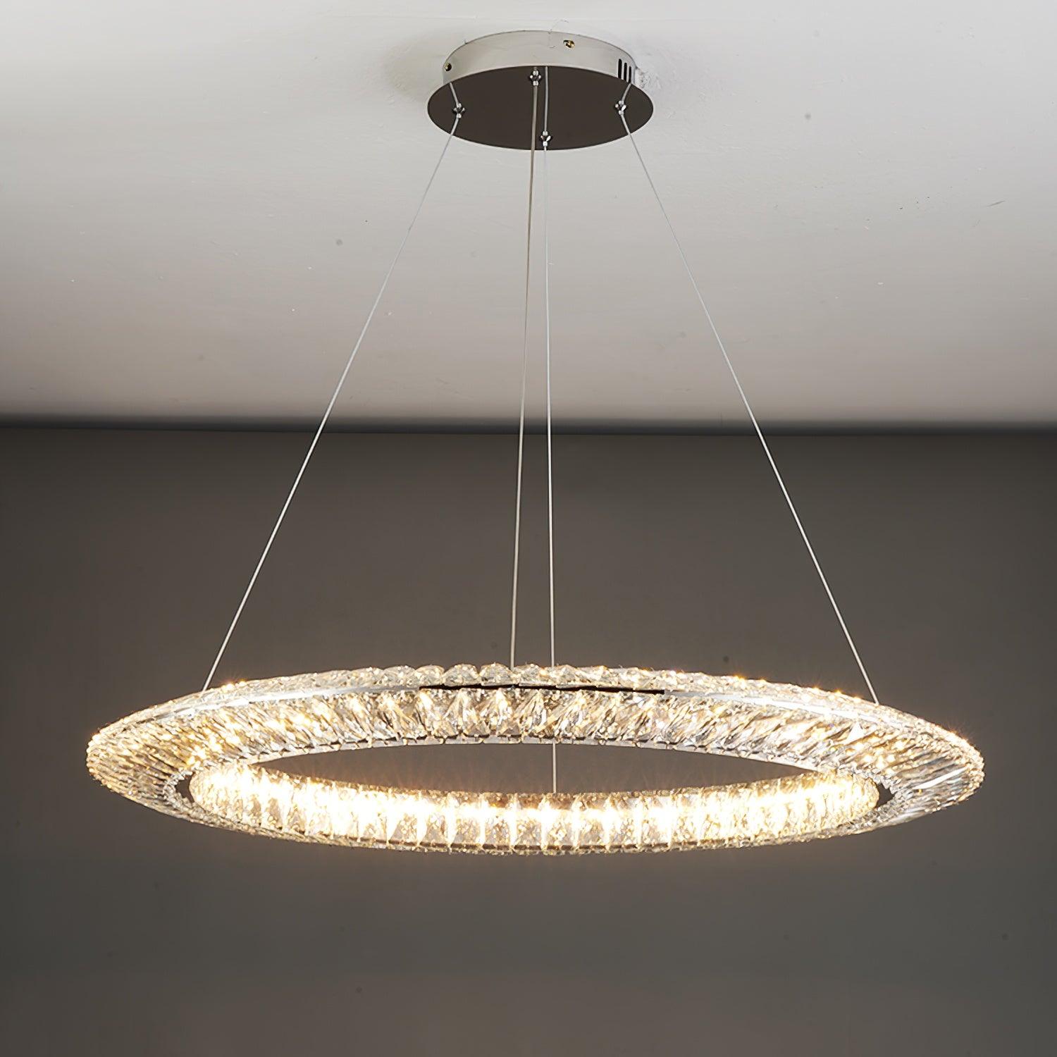 Illuminated Tanager crystal ring with an open centre and round ceiling canopy