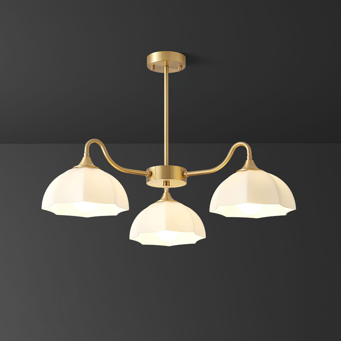 Three-head round brass and white glass chandelier