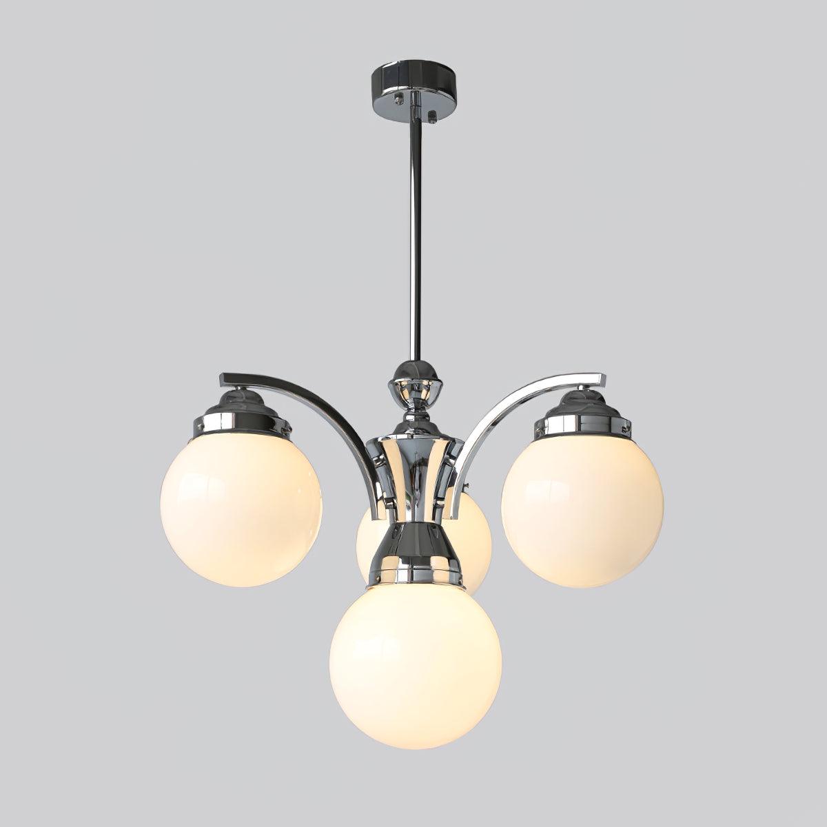 4-light B in Chrome+White, with downward-facing arm globes and a central lower globe beneath a round canopy