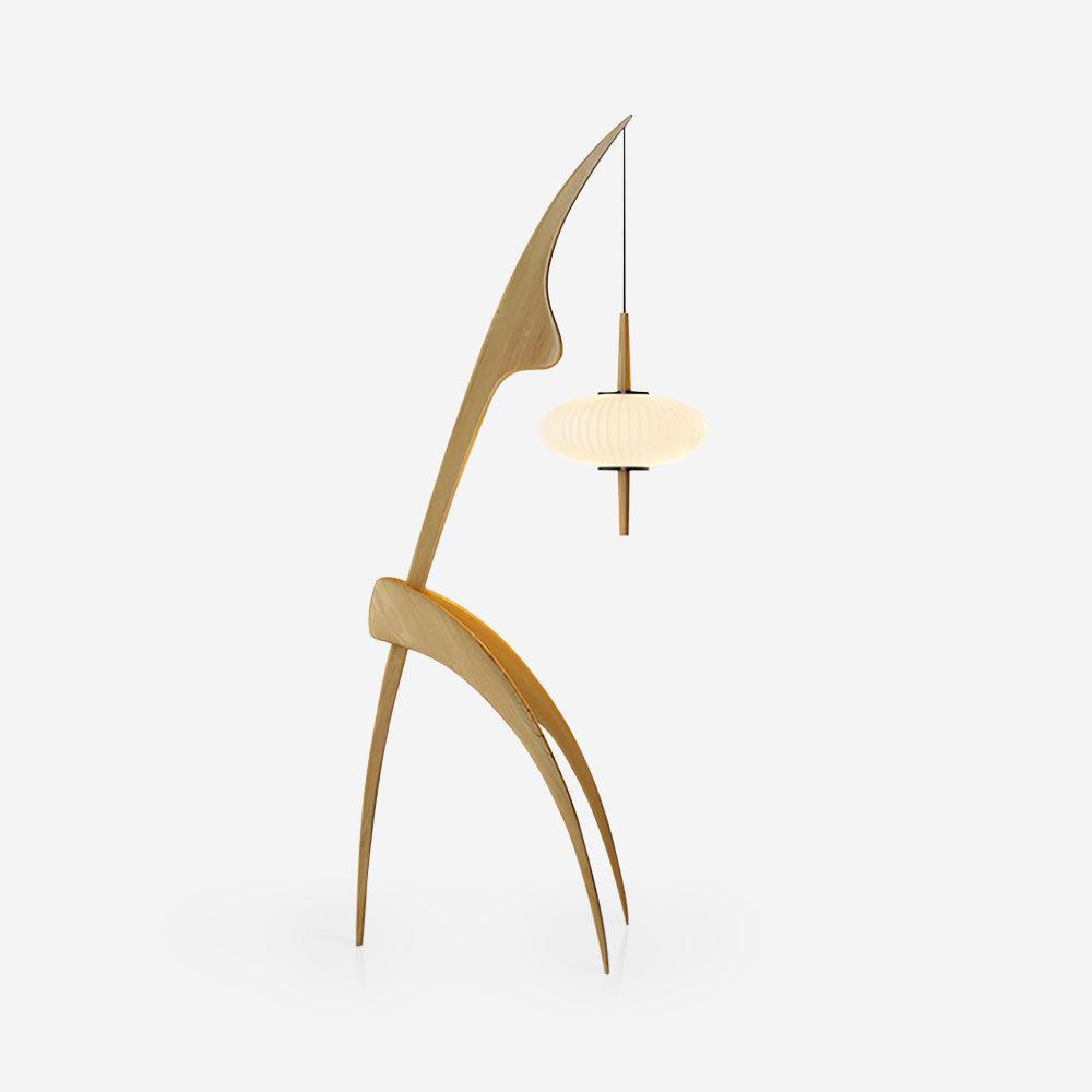 Light wood Mantis floor lamp with tall curved support against a plain background