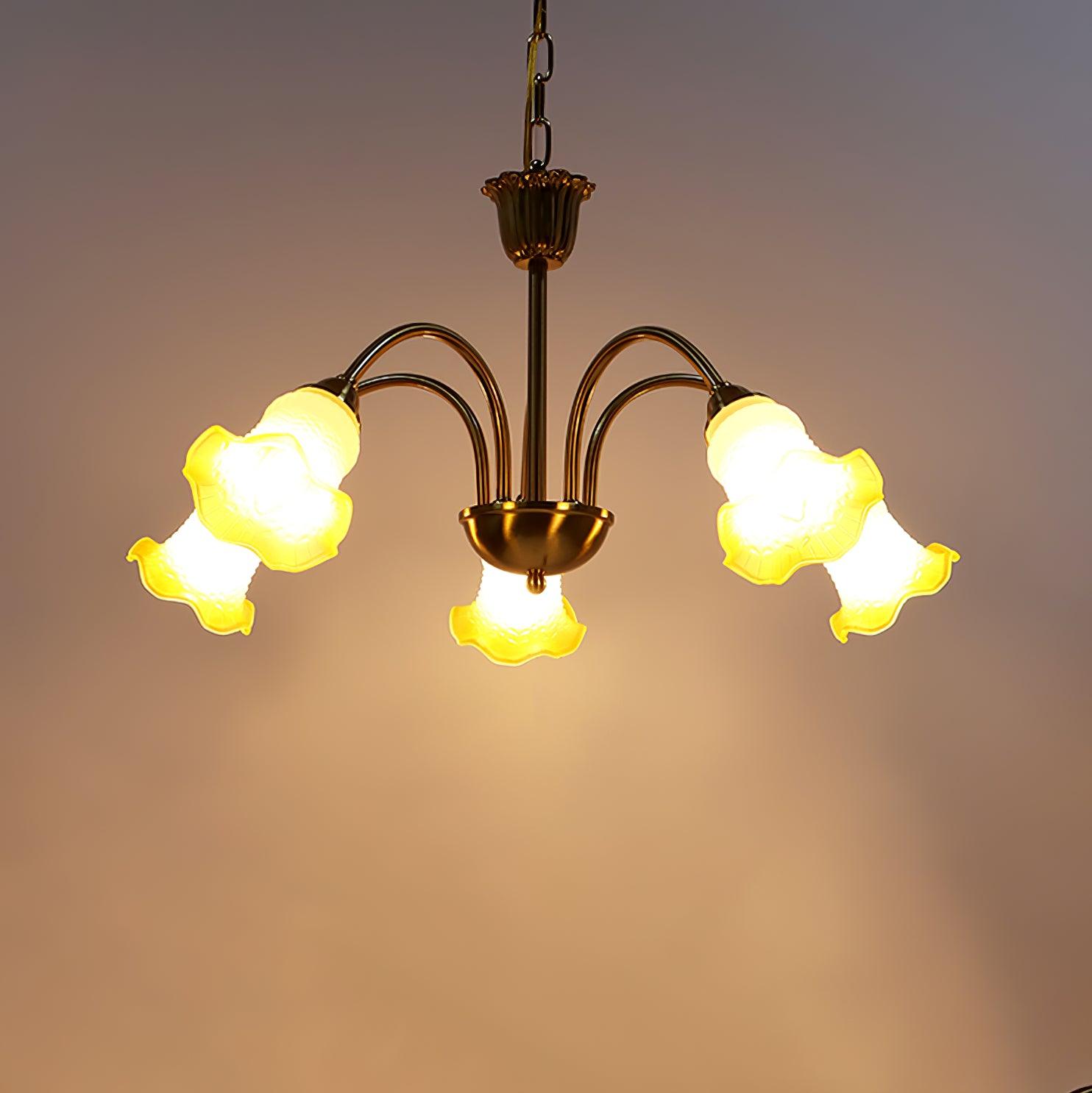 Five-head Yellow chandelier with four arms and centre shade