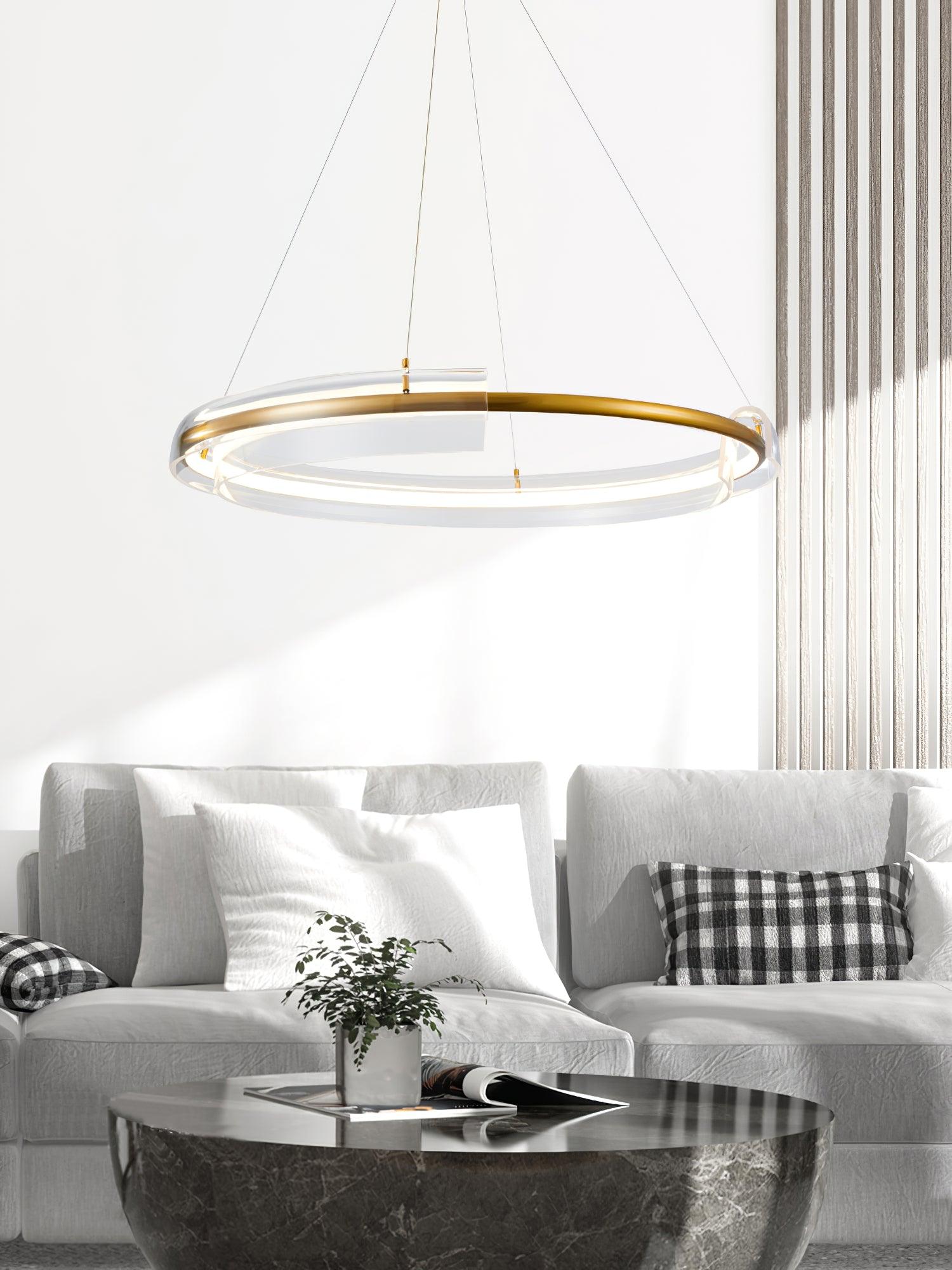 Circular chandelier in a sunny living room