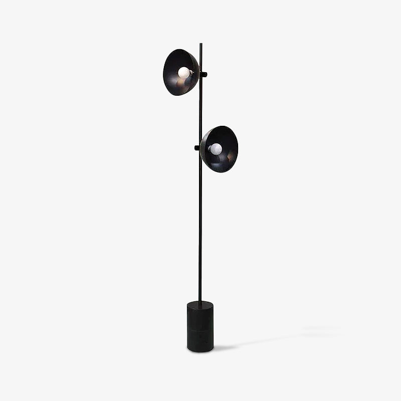 Studio floor lamp in a front view with the two heads turned toward different sides.