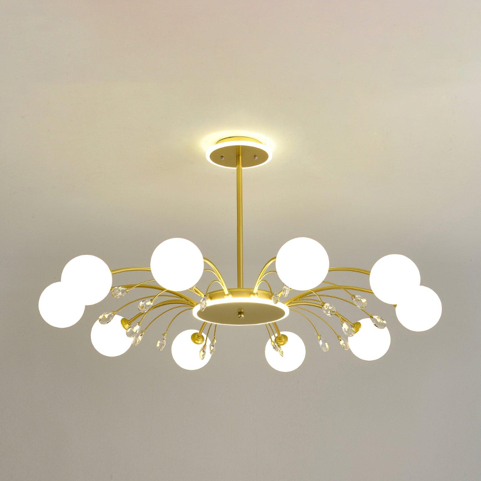 Ten-light Gold version with white globes, clear drop stems and central suspension rod, listed at 100 cm diameter