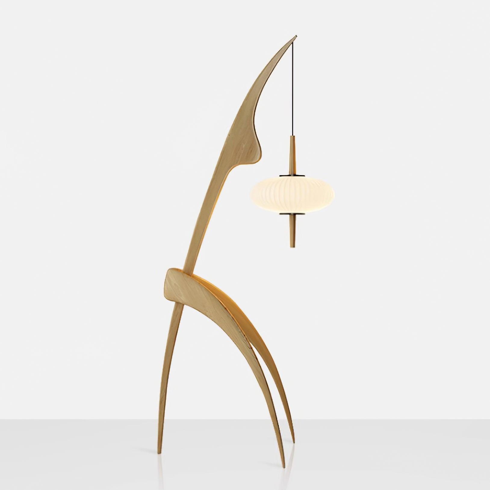 Mantis light wood frame with three curved feet and hanging white shade