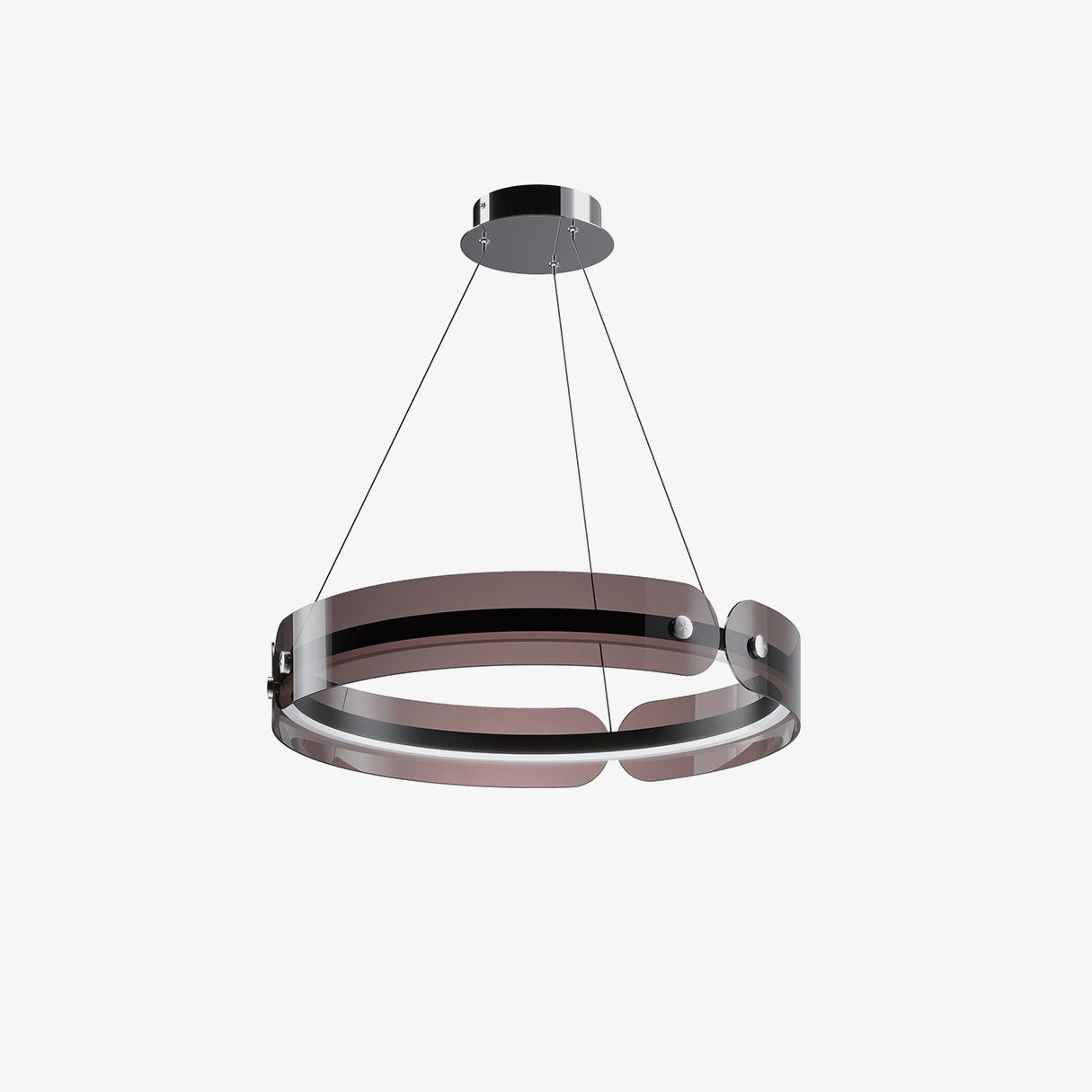 Angled isolated Javor black ring with rounded coffee-tinted acrylic panels, three suspension wires and a black canopy