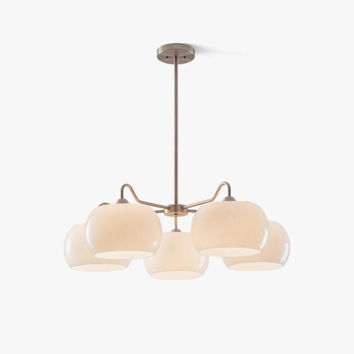 Persimmon chandelier with white glass shades and curved nickel-tone arms