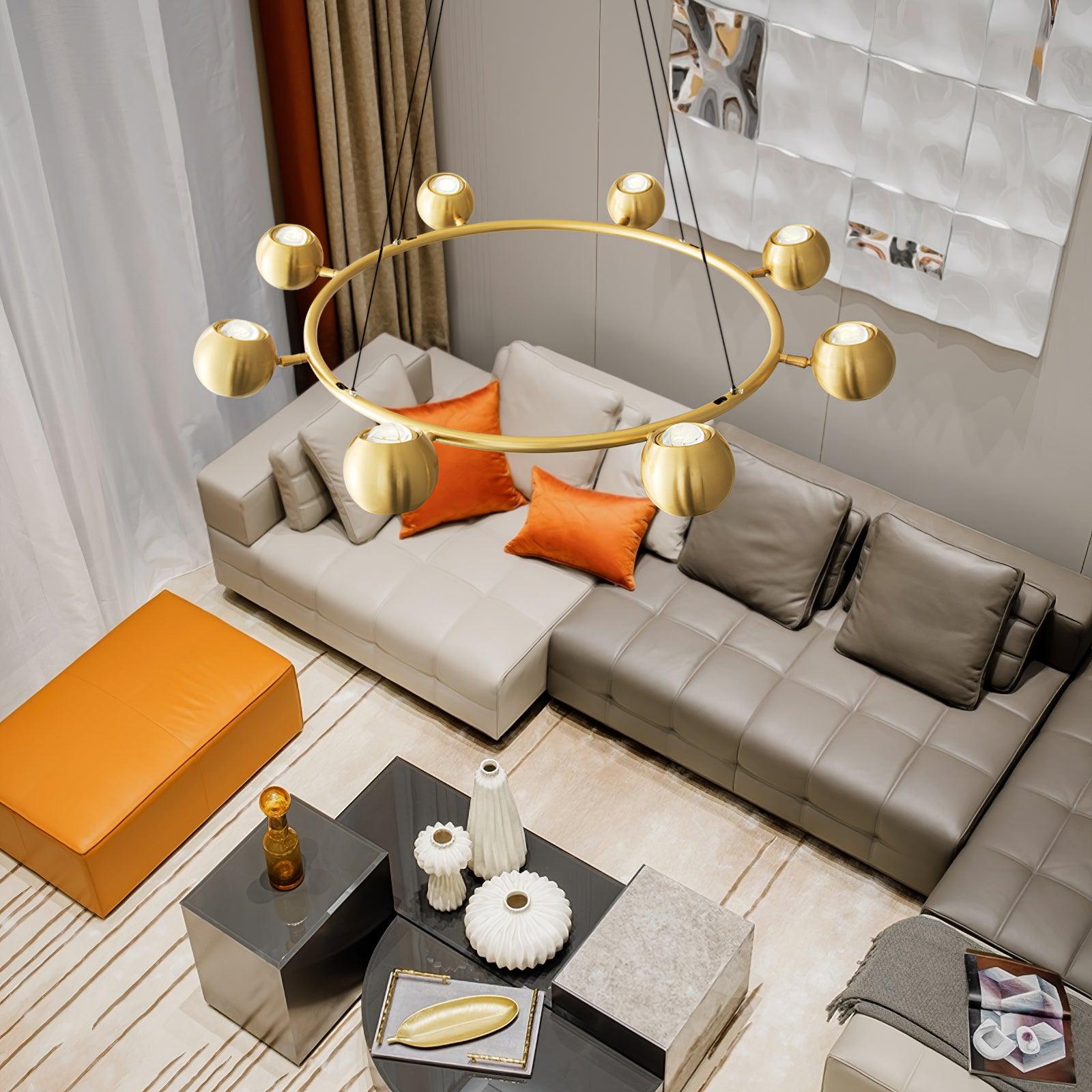 High view of the spherical-head ring above a sectional sofa