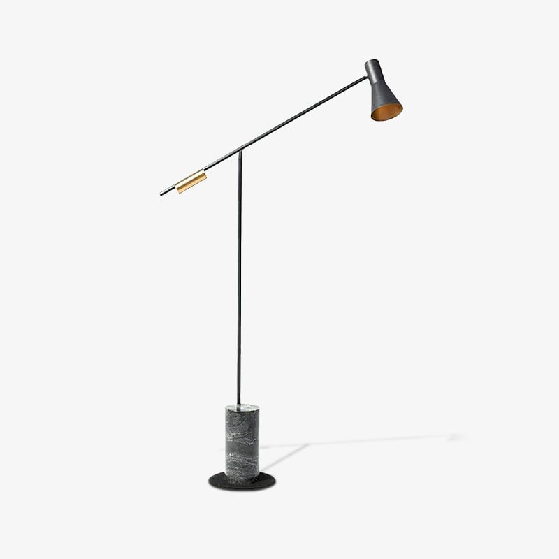 Small isolated view of the complete black floor lamp with gold-tone rear detail and cylindrical marble base