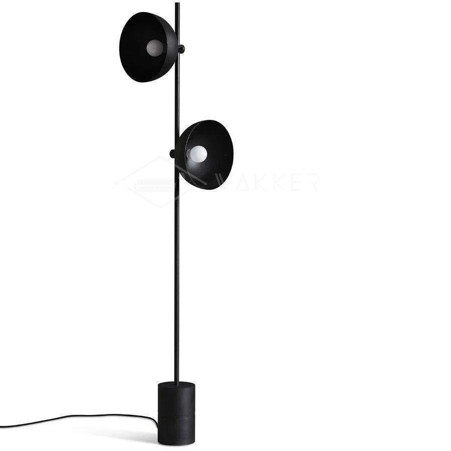 Studio black floor lamp showing two open shade faces, a cylindrical base and power cord.