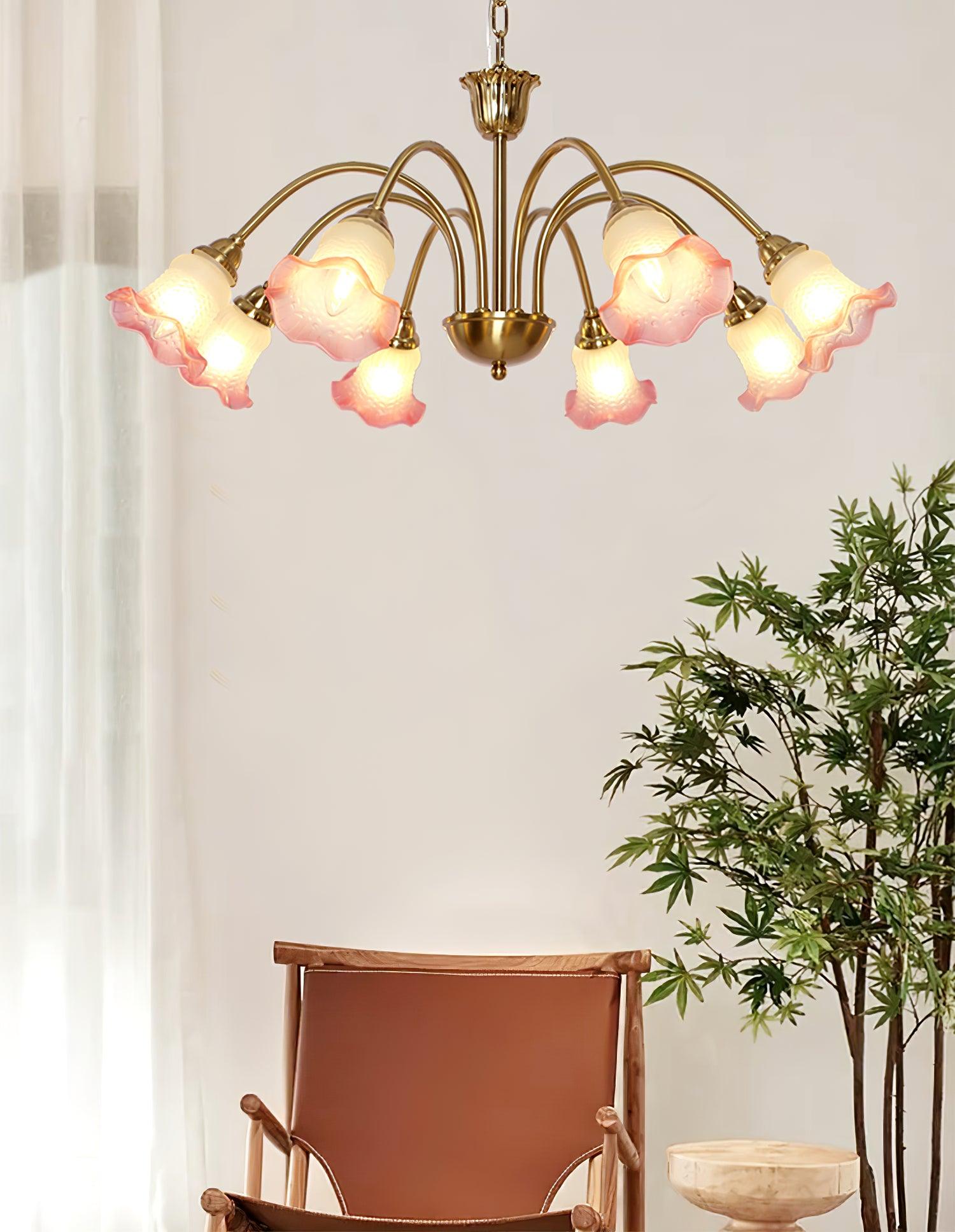 Pink Morning Glory chandelier near a window