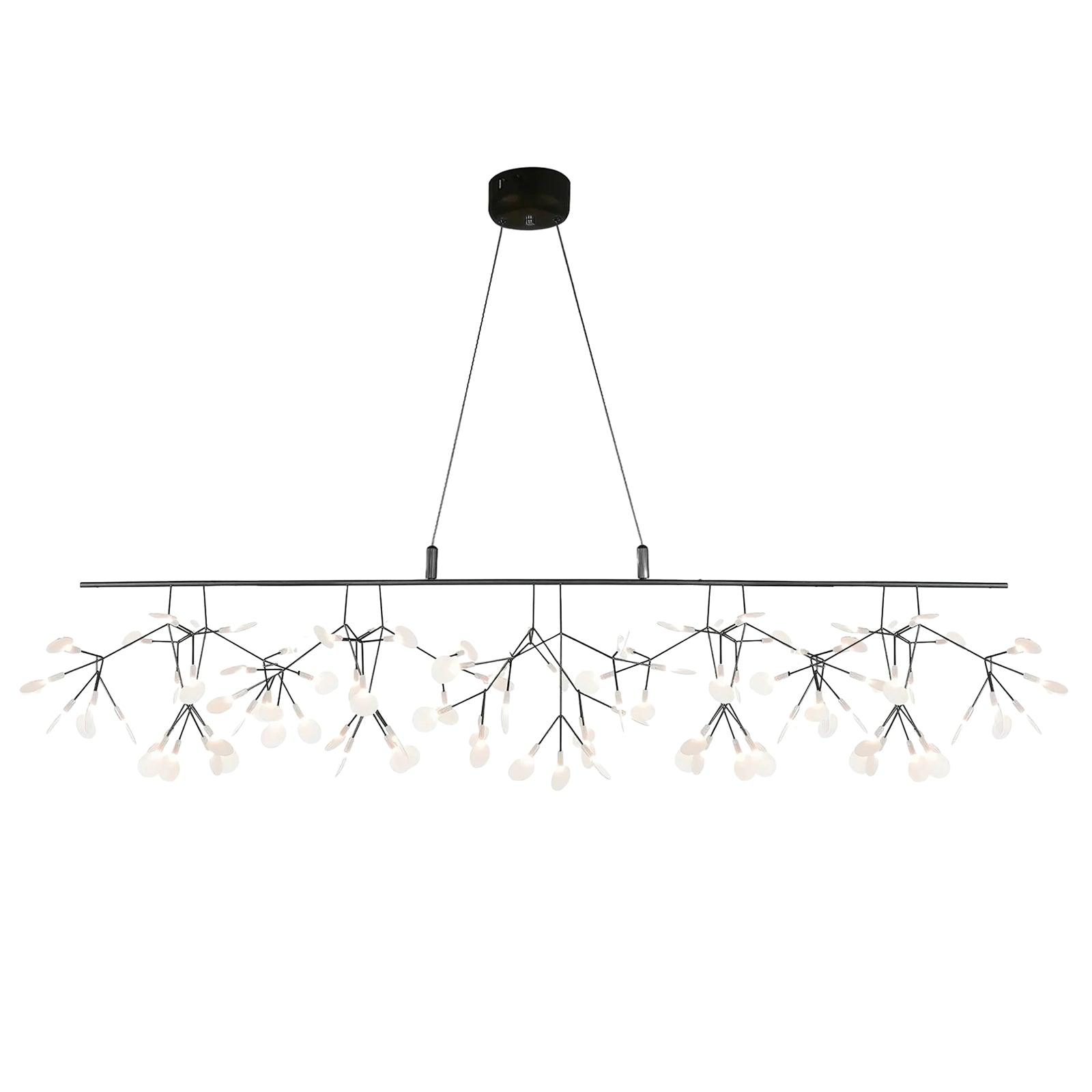 Model B 150 cm Black Firefly chandelier, with long branching bar and two suspension lines converging at one round canopy