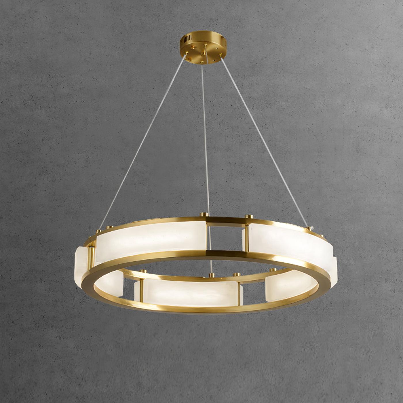 Qatar illuminated alabaster ring suspended beneath a round brass canopy