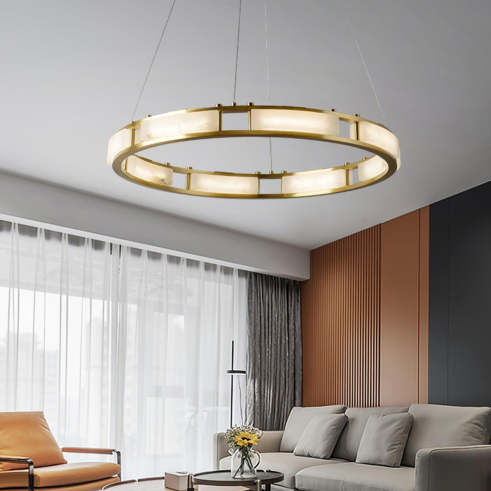 Qatar ring chandelier above a living-room seating area