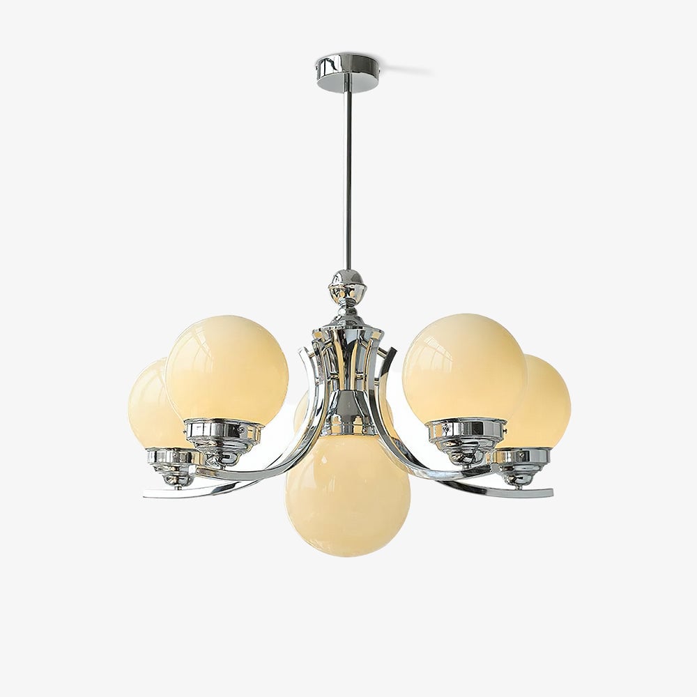 Isolated larger rising-arm Dewdrop with cream-looking globes, chrome rod and a round canopy on white