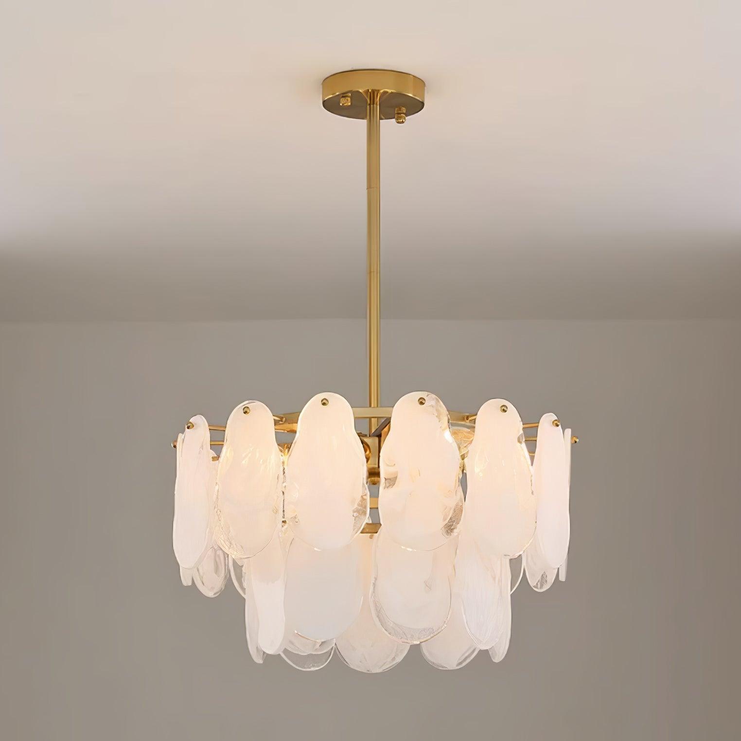 Front view of Round Cloud glass layers suspended beneath a round canopy and central rod