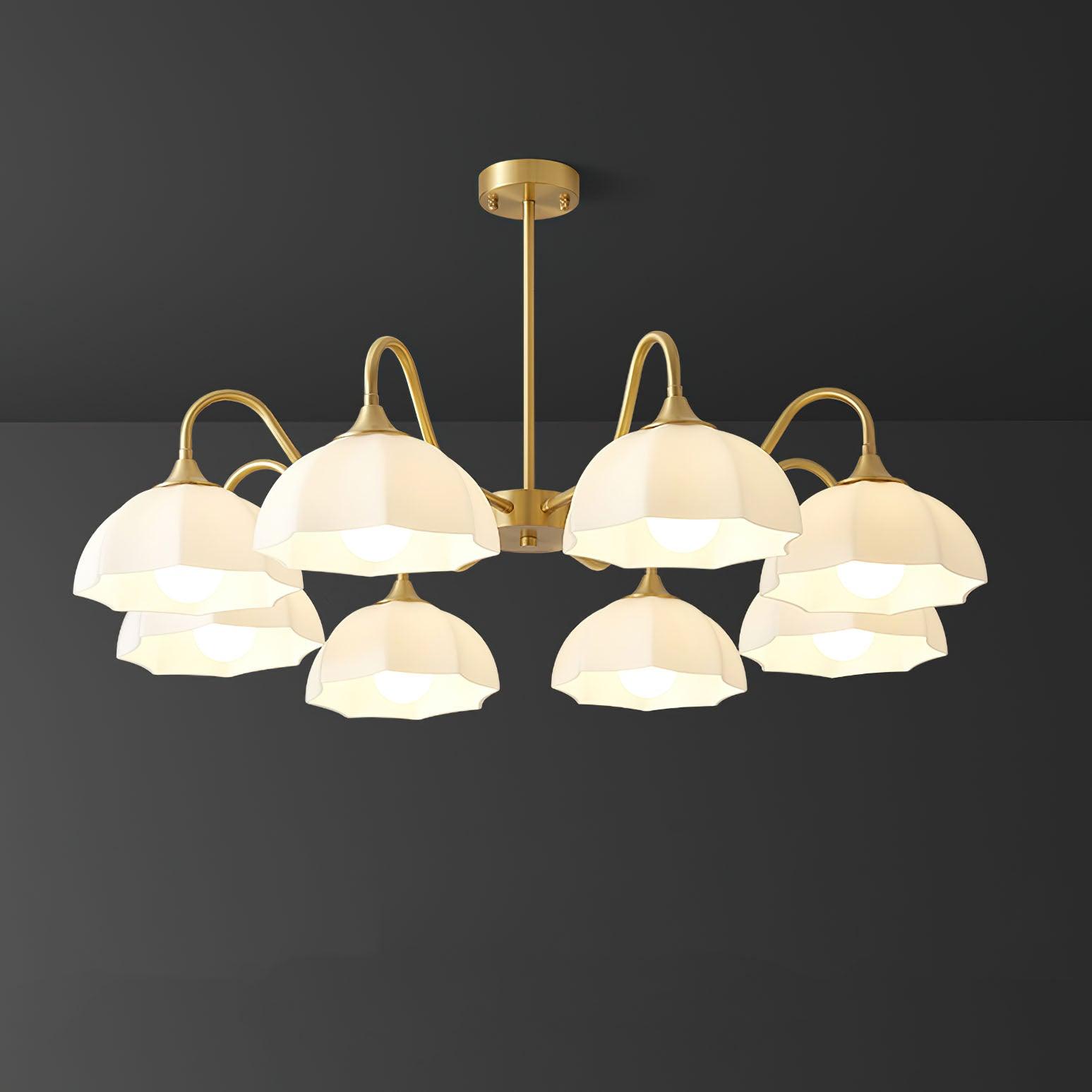 Eight-head round brass chandelier with white glass shades