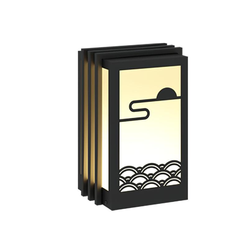 Model A wired lantern in broad 32 x 30 x 52 cm size, with plain top and black sun-and-wave frame, on white