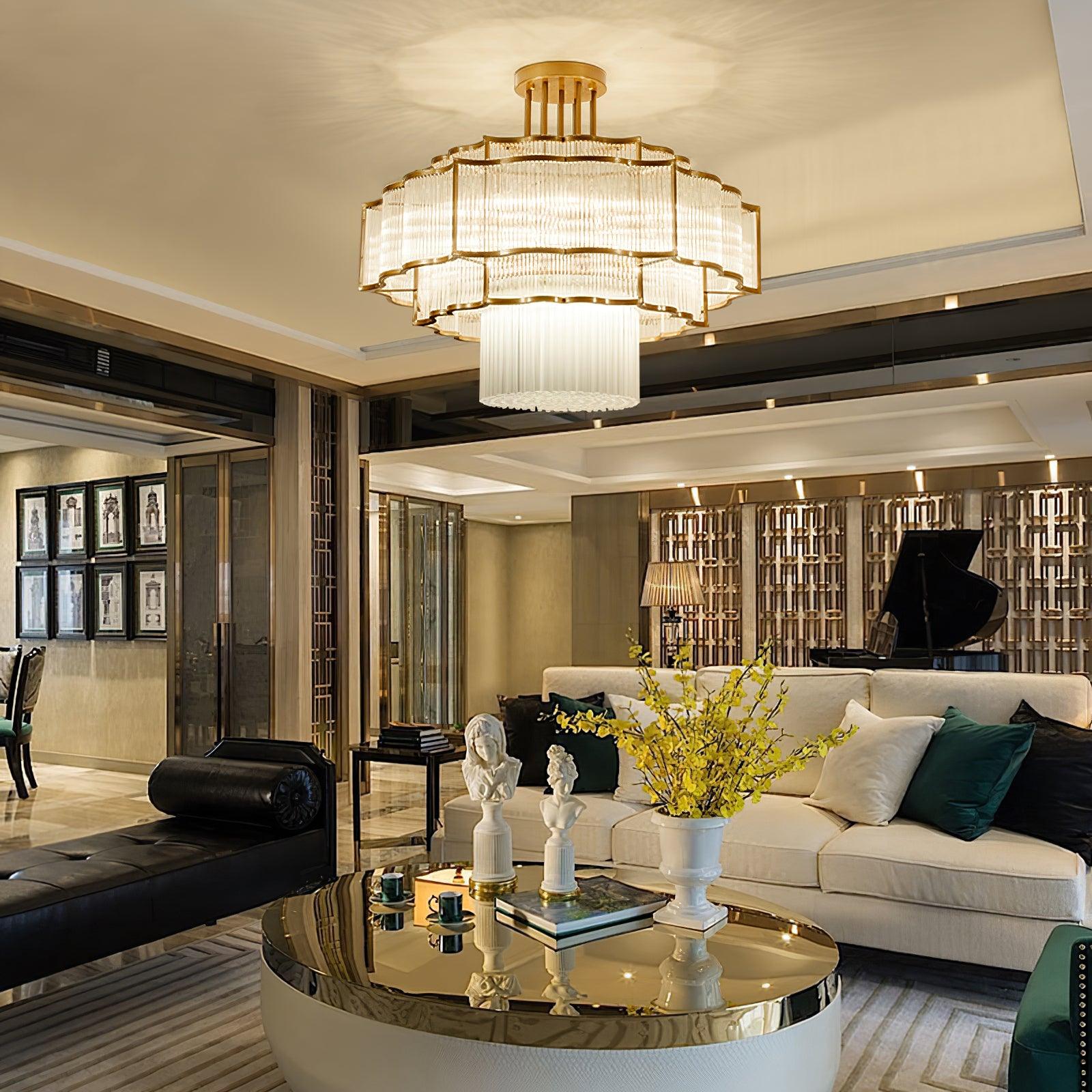 Pharo II tiered chandelier with clear ridged elements and a scalloped metal frame