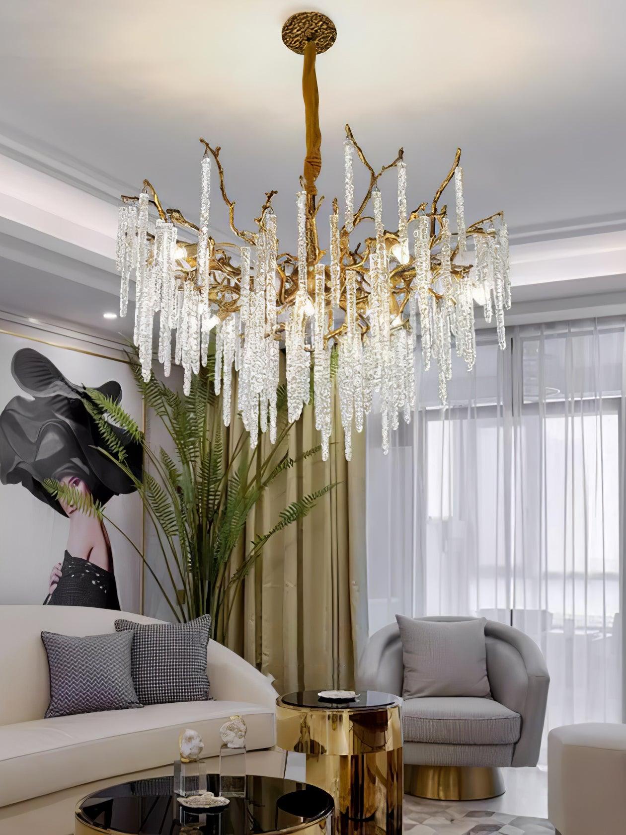 Crystal Icicles Branch Brass Chandelier - Cueteks
