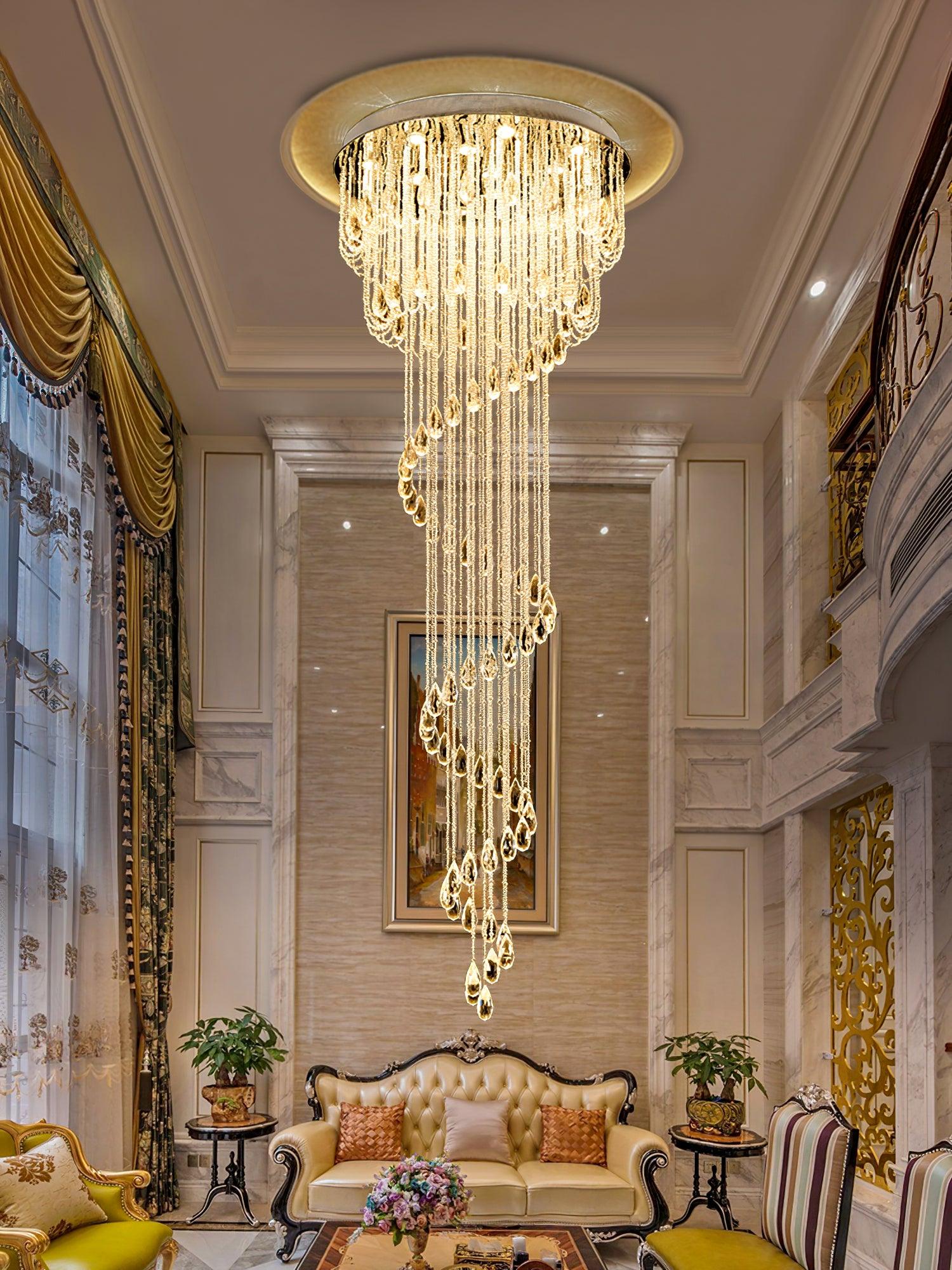 Long warm-lit crystal spiral above an ornate cream sofa in a high room with tall draped windows and green-and-gold seats