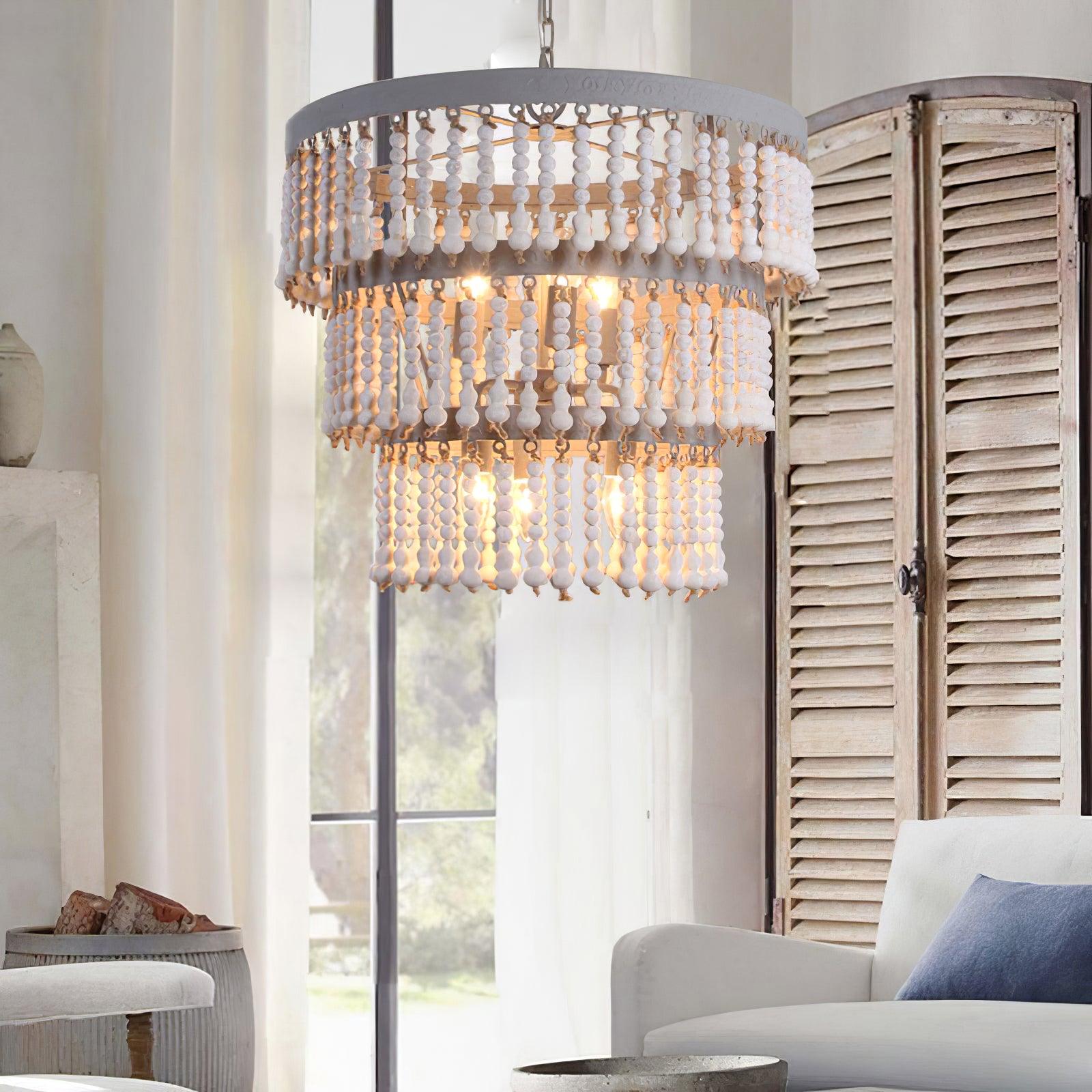 Three Tiered Wood Beaded Chandelier - Cueteks