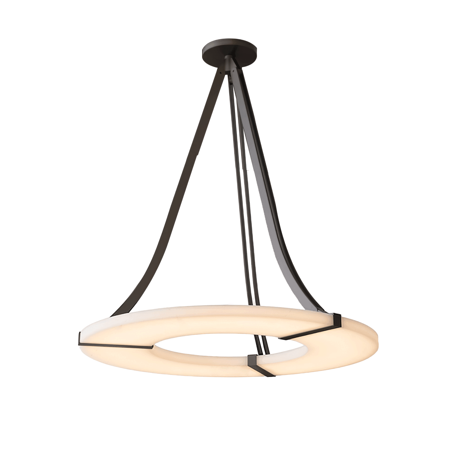 Isolated lit alabaster halo ring with three curved black supports, retaining brackets and round canopy