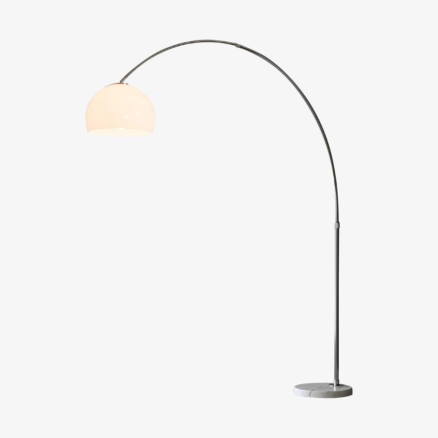 Complete pale illuminated dome arc lamp on white background, with long silver curve and round stone base
