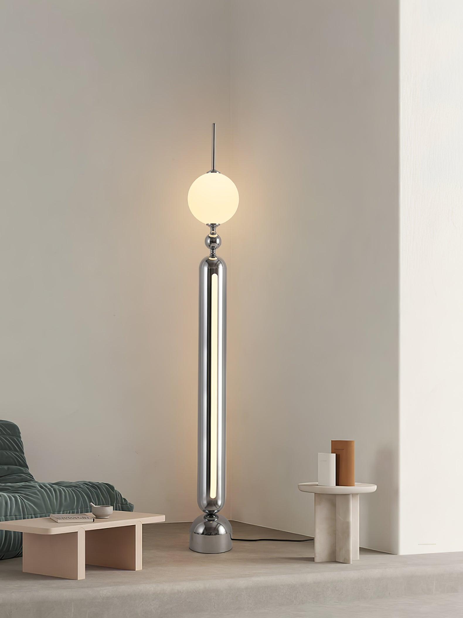 Lightning Rod chrome floor lamp with a white globe and vertical light strip