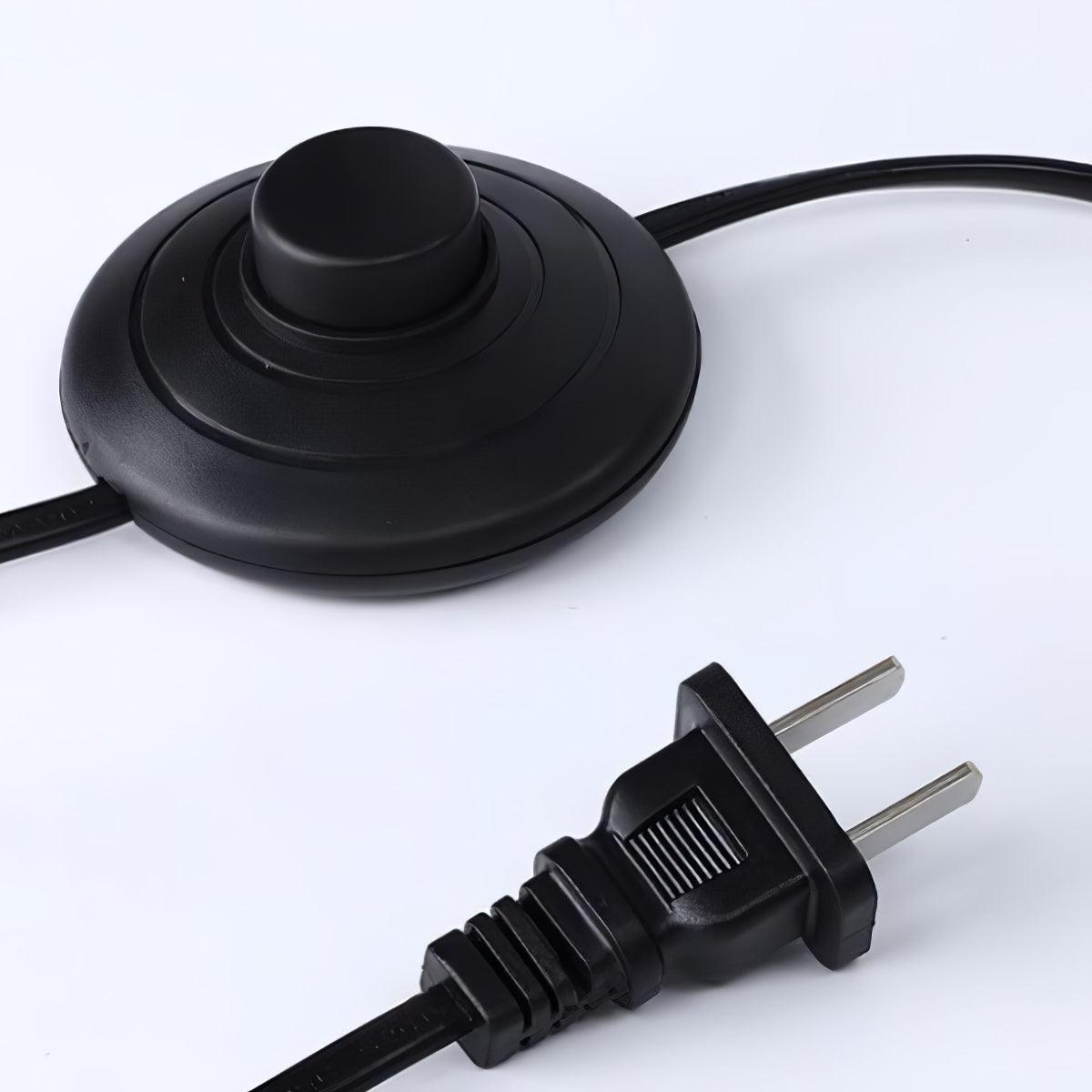 Close view of a black round cord switch and two-flat-pin plug