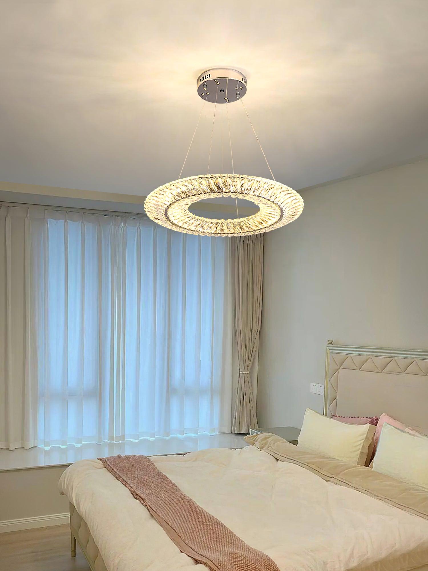 Crystal ring above a bedroom setting