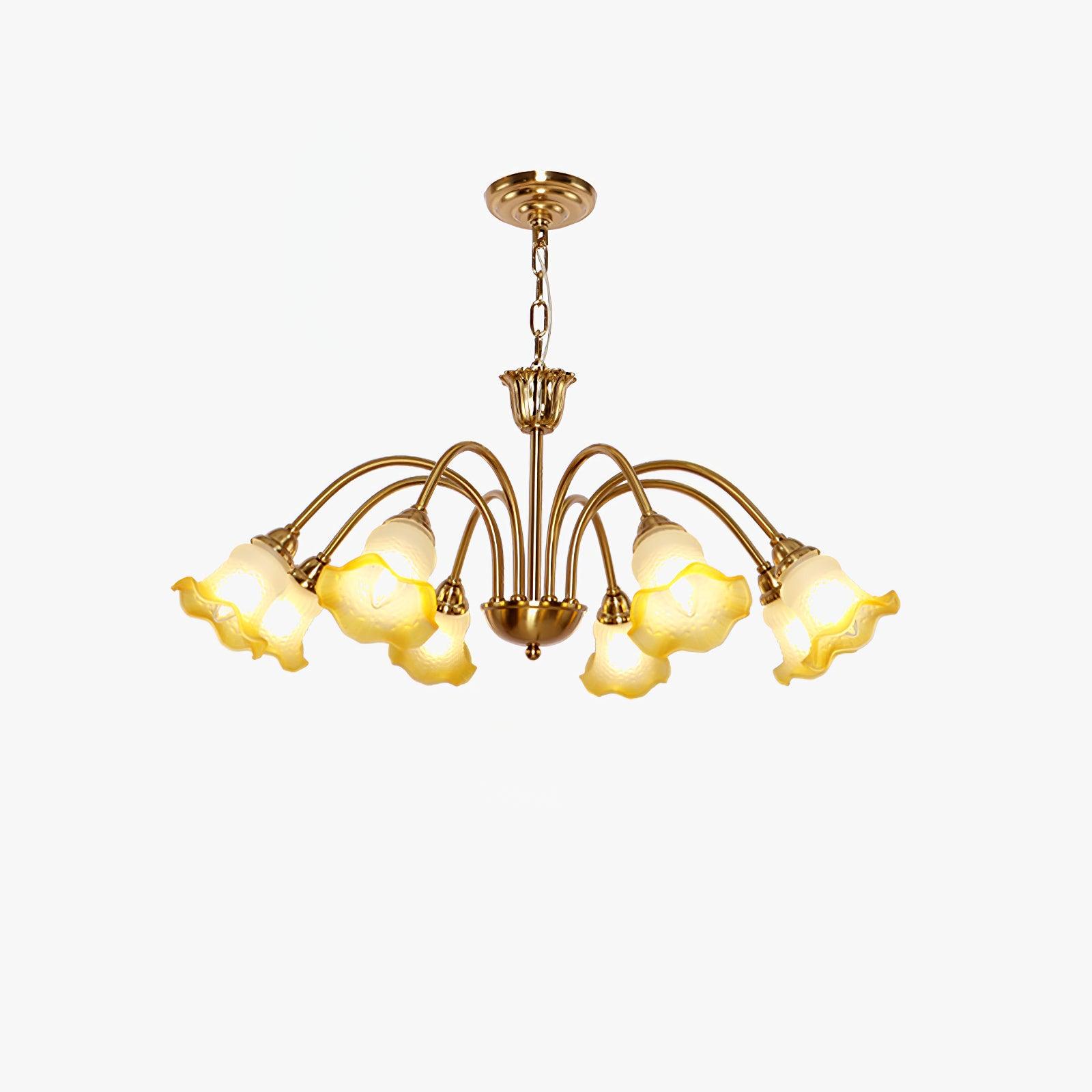 Yellow scalloped glass shades on a chandelier