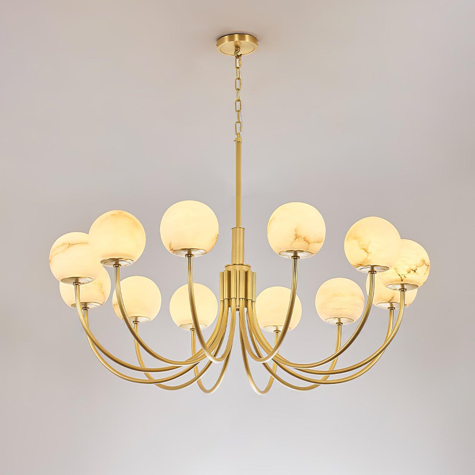 Illuminated alabaster globe chandelier on a warm background
