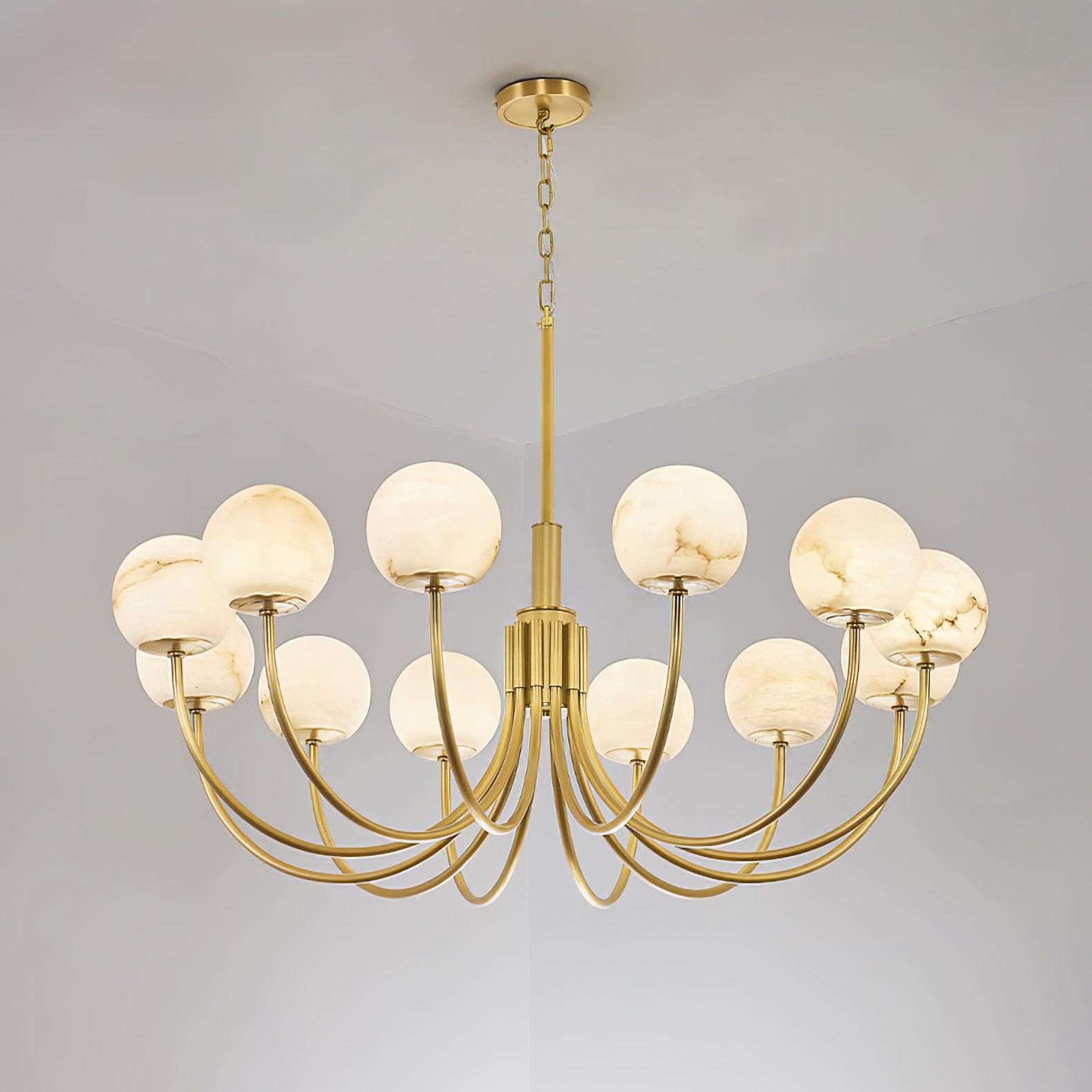 Brass arms and veined white globe shades in front view