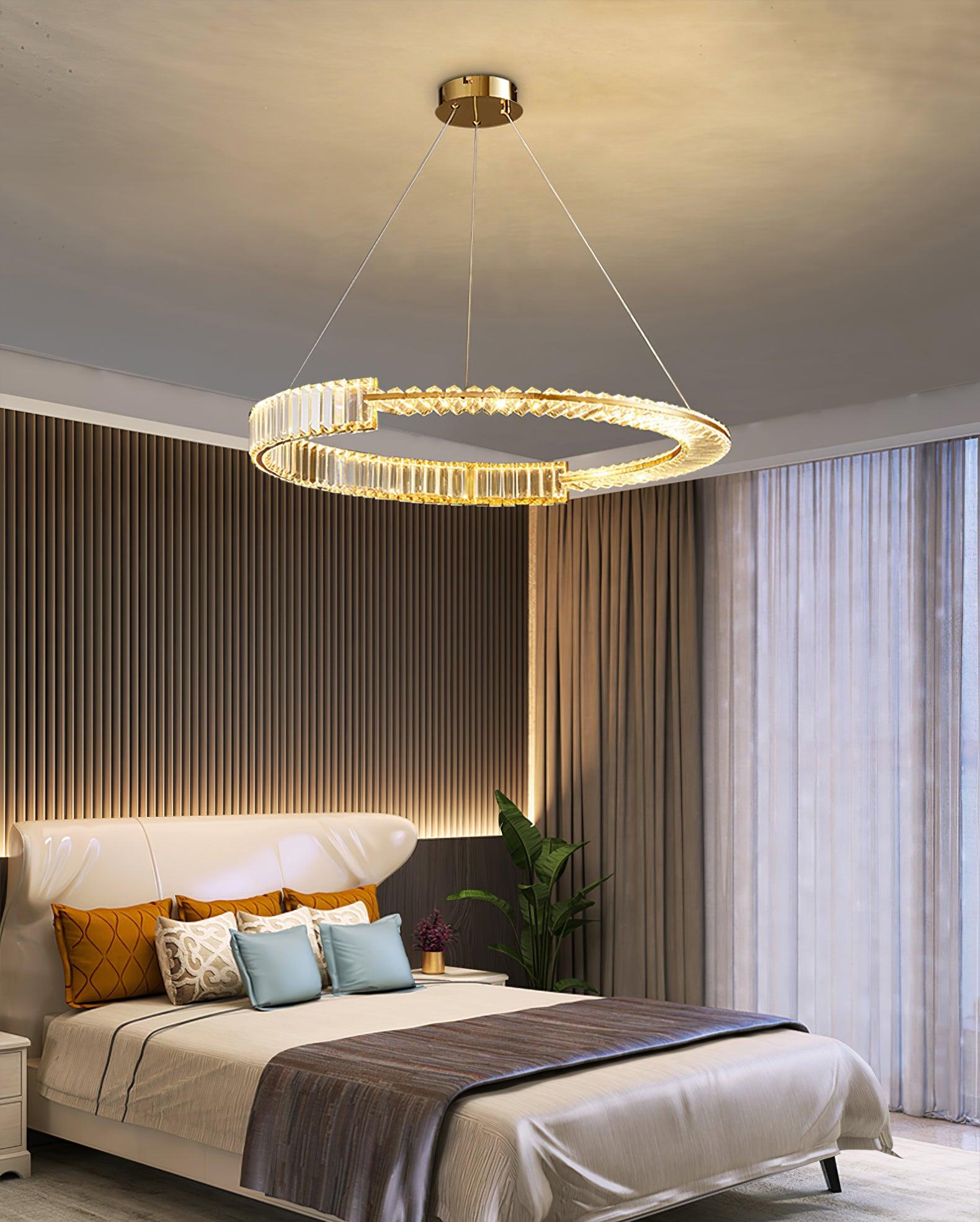 Stella suspended ring above a bedroom with tall curtains