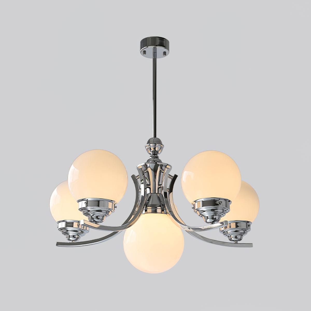 6-light A in Chrome+White, with five upward arm globes and one central downward globe