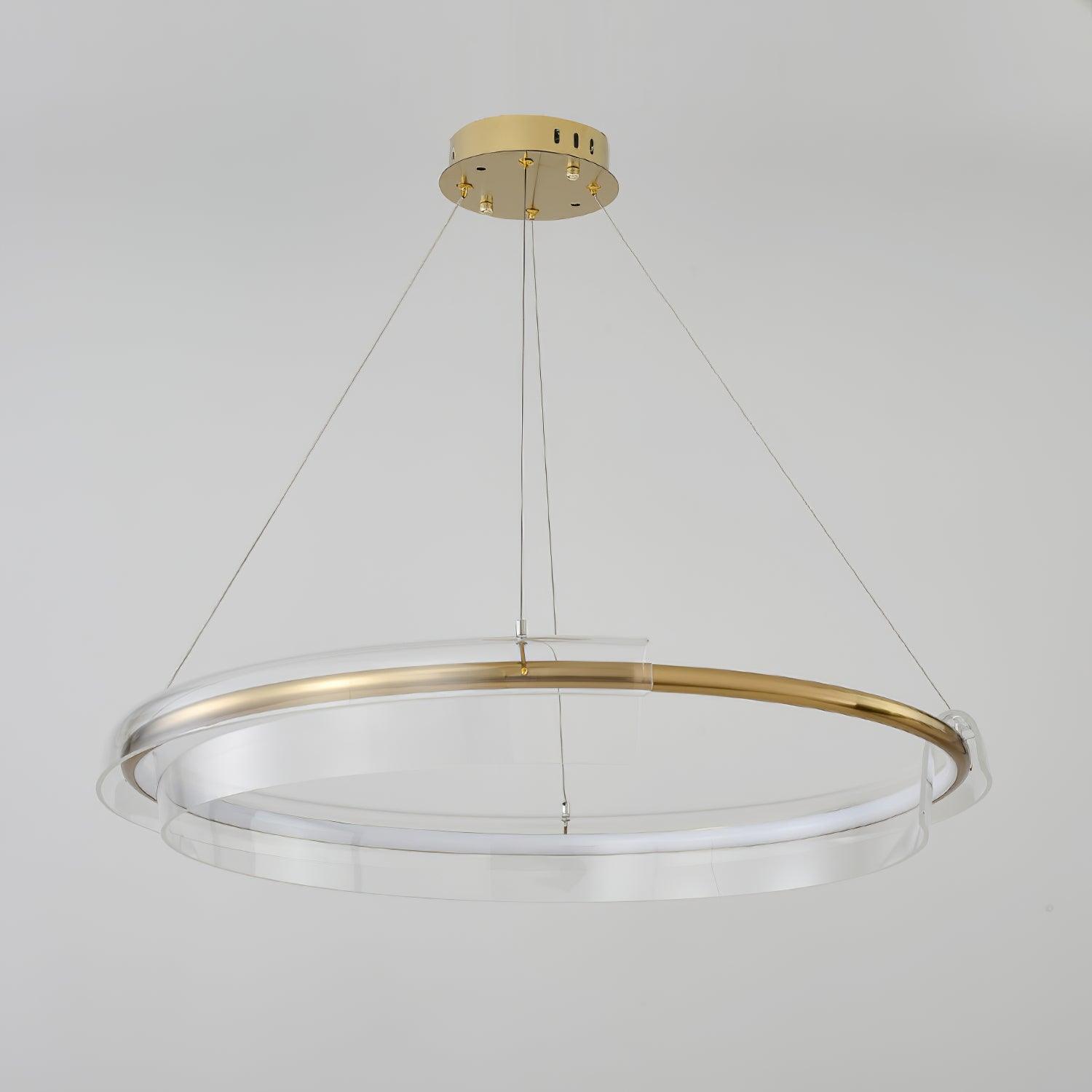 Unlit clear curved elements, gold-coloured ring and ceiling canopy
